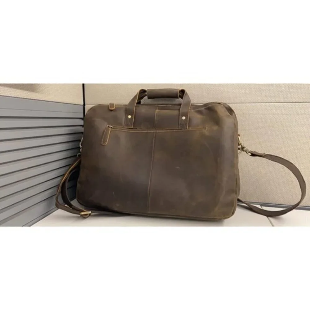 🆕Men Brown Fits 17.3 Inch Laptop Crossbody Shoulder Attached Leather Briefcase